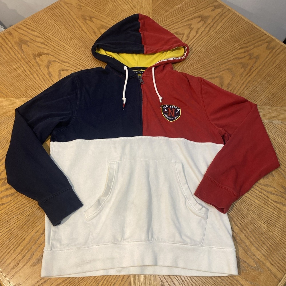 Vintage Y2K Nautica Colorblock Quarter Zip Pullover‎ Hoodie Red Navy Cream